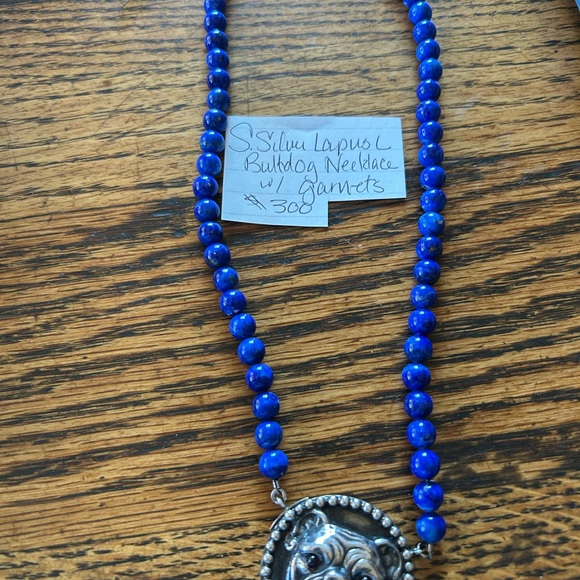 Lapis Beaded Necklace with sterling silver Bulldog Pendant